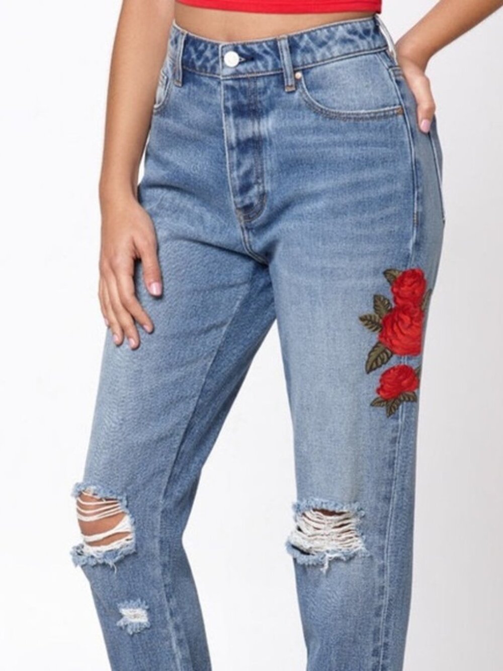 PacSun Red Rose Embroidered Distressed High Rise Mom Jeans - Size 28